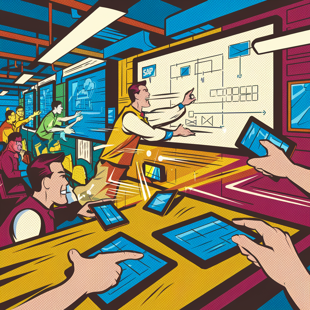 Illustration von Menschen in einem modernen Büro mit digitalen Geräten und Präsentationen.