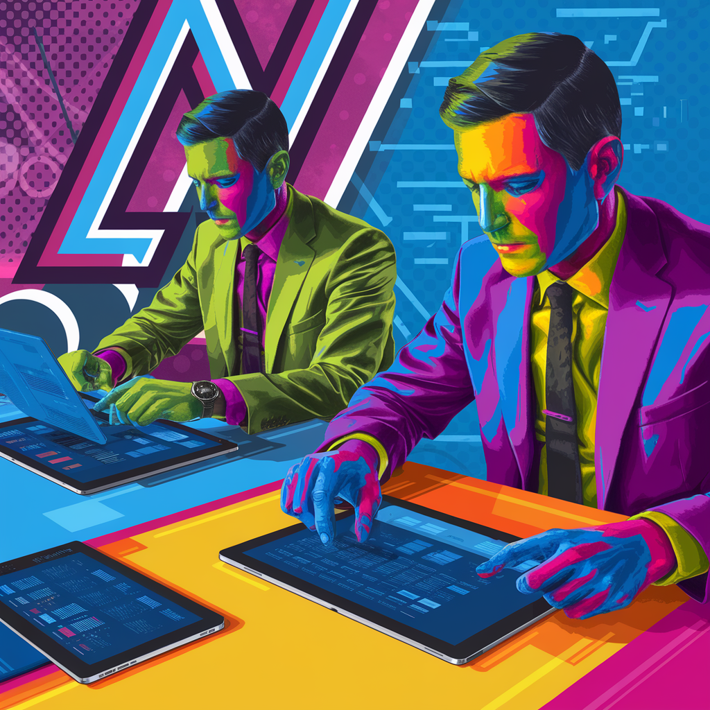 Bunt dargestellte Geschäftsmänner arbeiten an digitalen Tabellen.