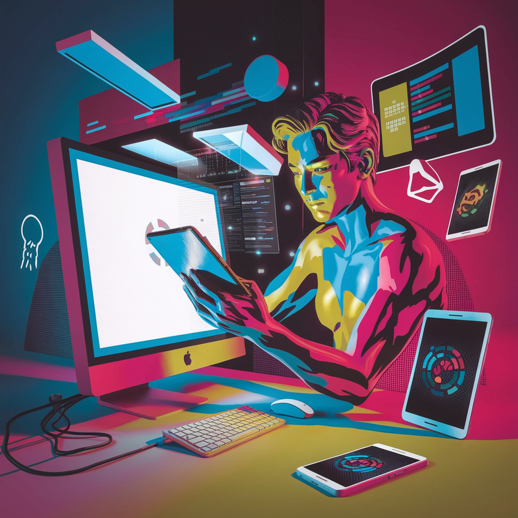 Bunter digitaler Mensch an einem Computerarbeitsplatz mit Geräten