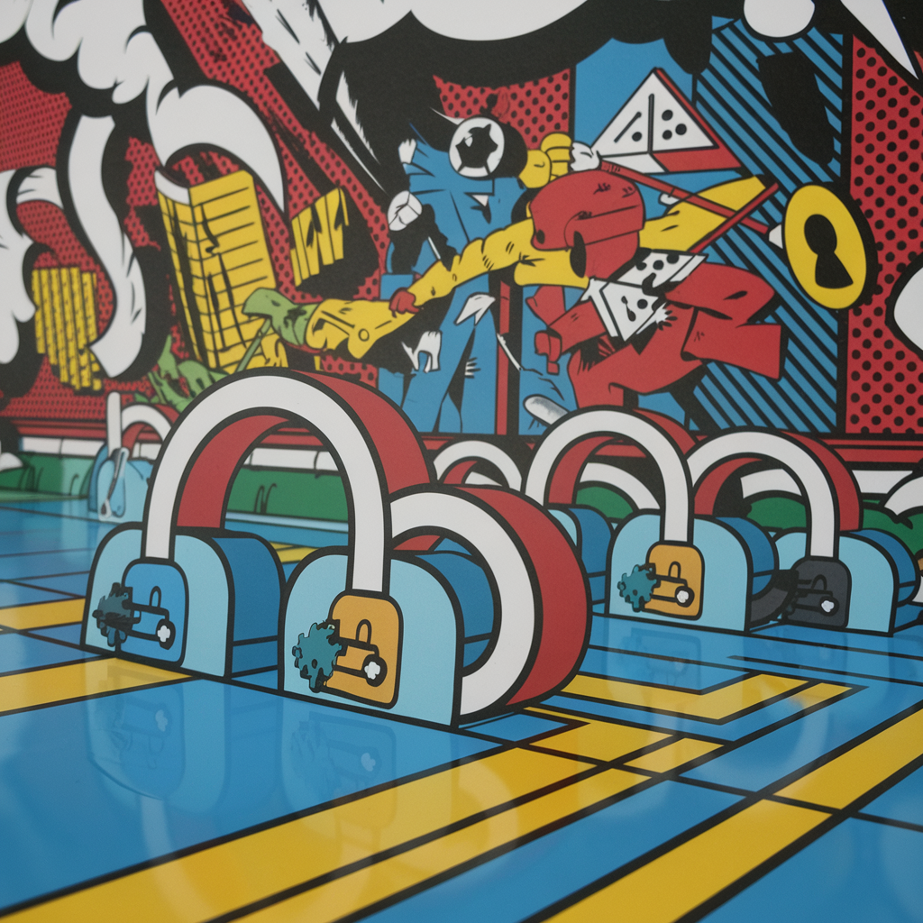 Pop Art Stil Grafik mit Vorhängeschlössern und Comic-Elementen