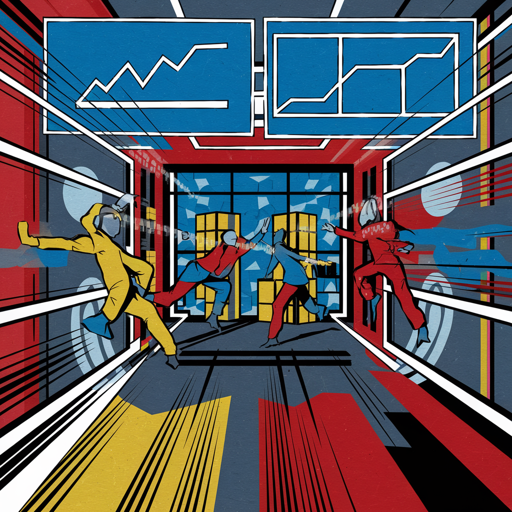 Illustration von Personen in einem futuristischen Raum mit Diagrammen