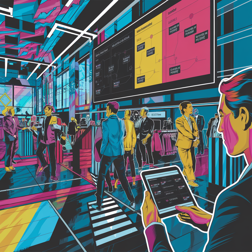 Futuristische Büroumgebung mit Personen und digitalen Displays