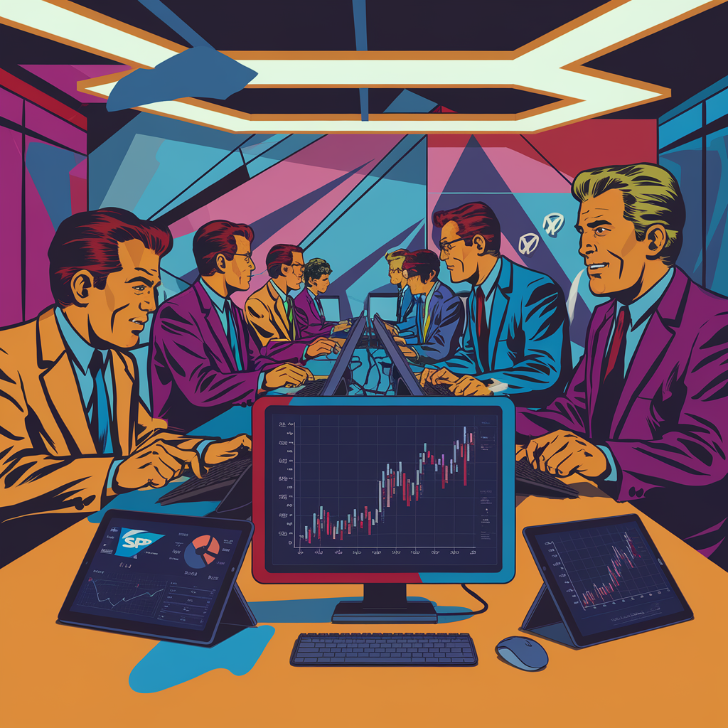 Illustration von Geschäftsleuten in einem Büro mit Computern und Finanzdiagrammen