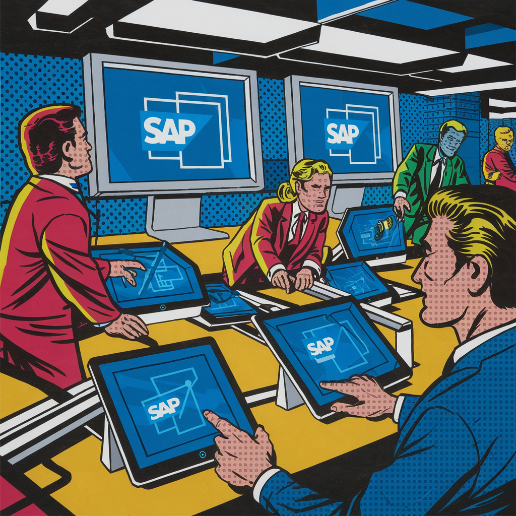 Personen in Pop-Art-Stil arbeiten mit SAP-Software auf großen Bildschirmen.