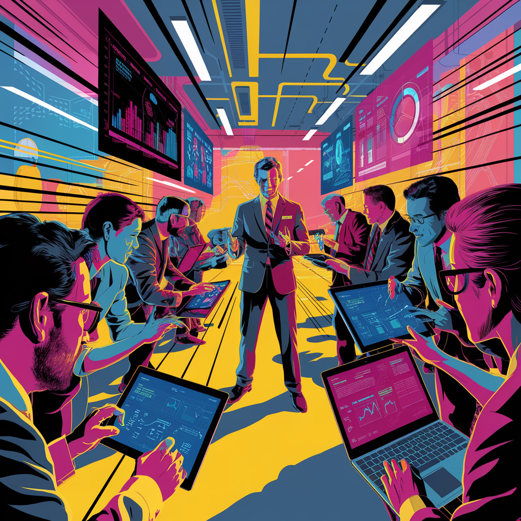 Menschen in einem modernen Konferenzraum mit Laptops und großen Bildschirmen, die Datenanalyse zeigen