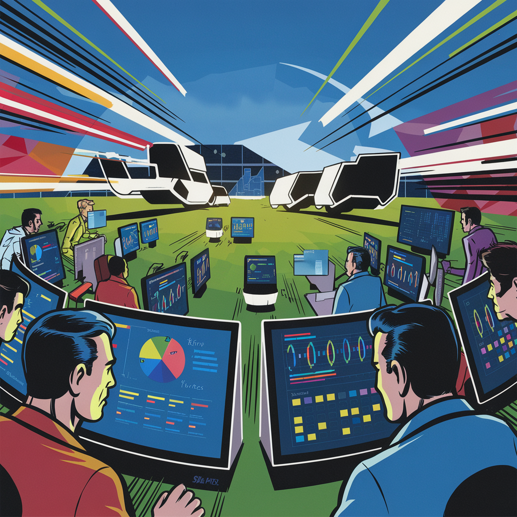 Illustration von Menschen, die an Computermonitoren arbeiten, während Fahrzeuge im Hintergrund durch ein Stadion fahren.