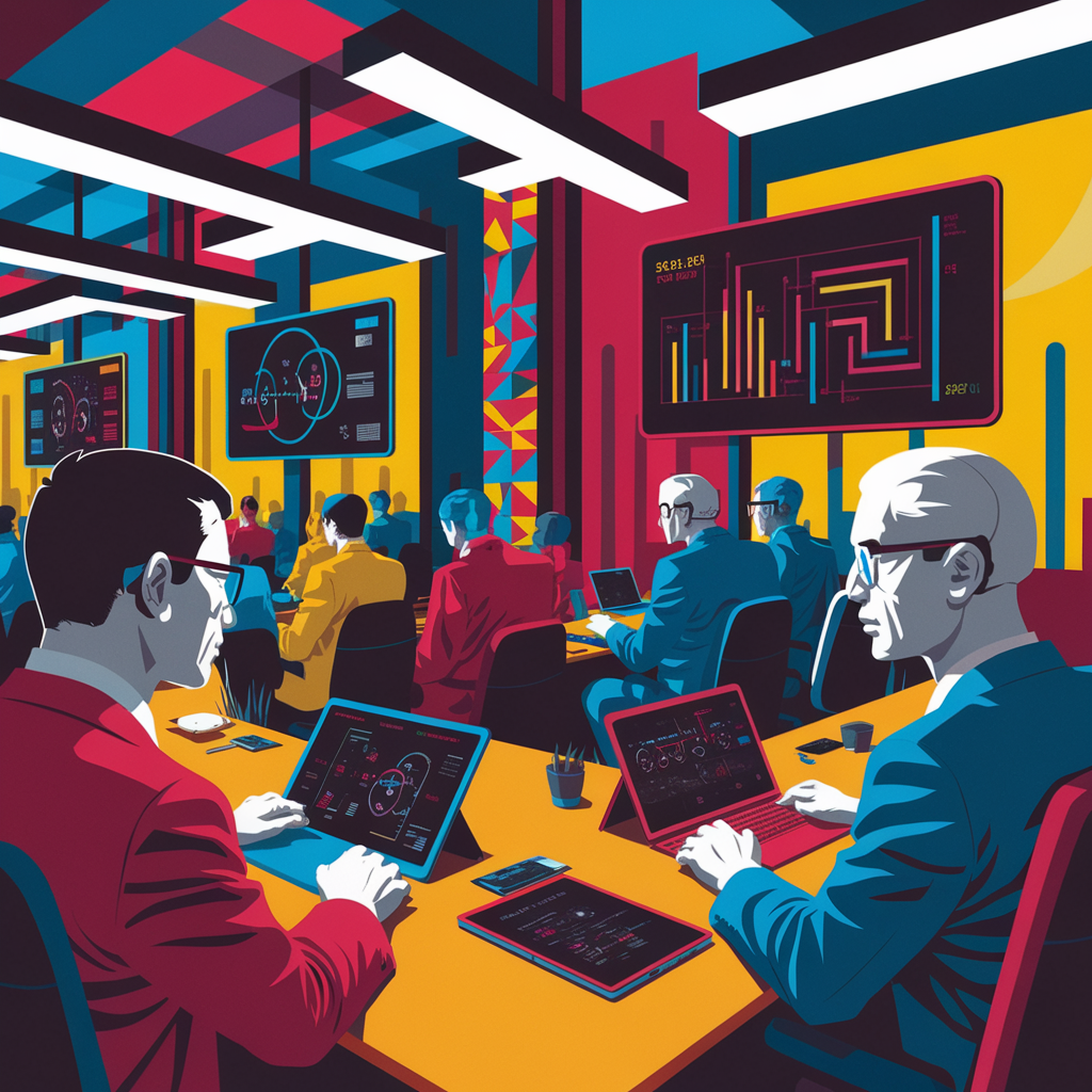 Menschen in einem modernen Büro mit Laptops und großen digitalen Anzeigen an der Wand