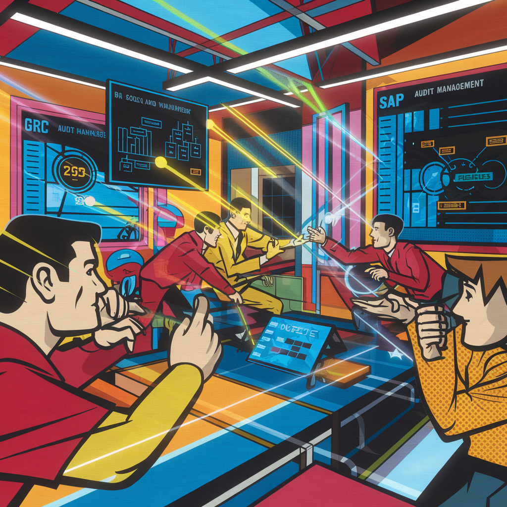 Illustration von Menschen, die in einem futuristischen Büro arbeiten mit digitalen Bildschirmen.