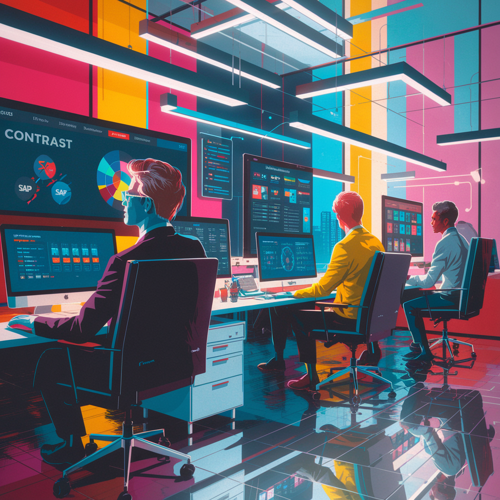 Personen arbeiten an Computern in einem modernen Büro mit bunten Wänden.