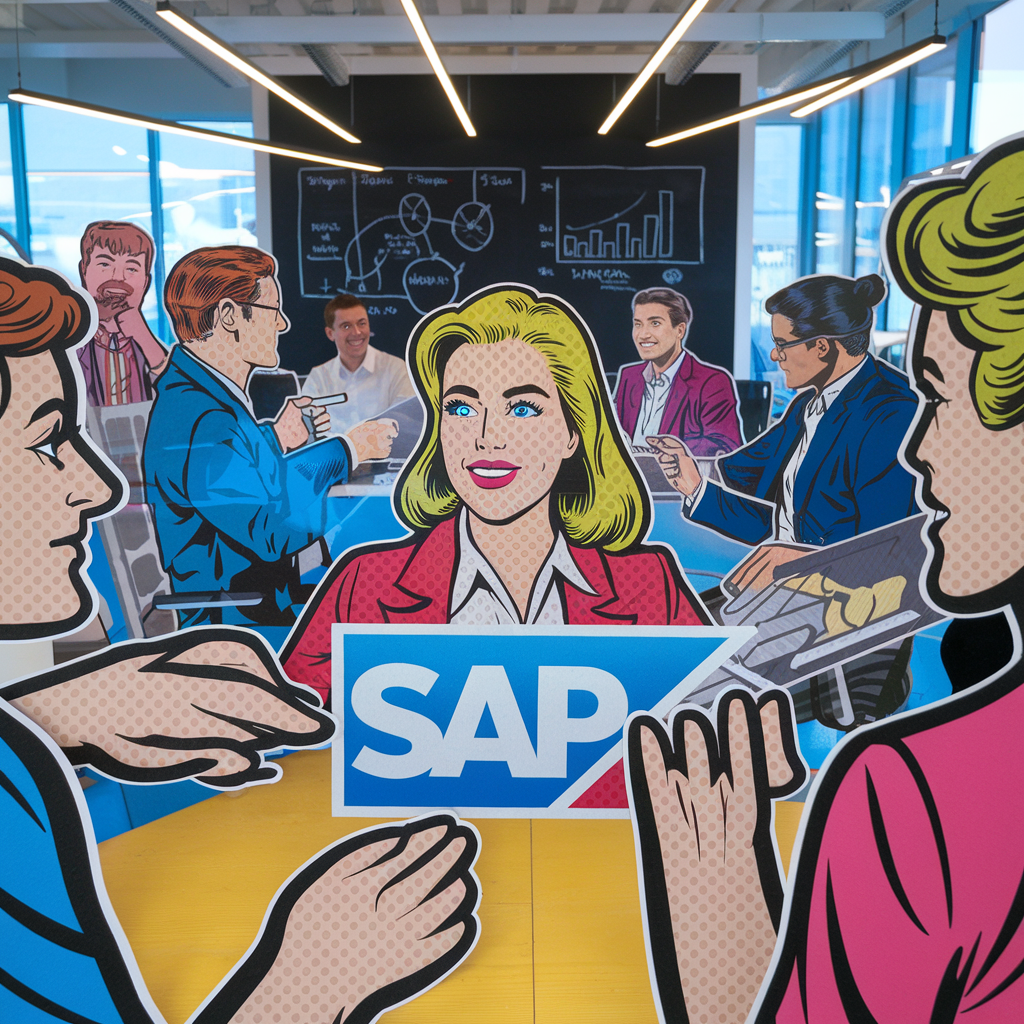 Illustration eines lebhaften Geschäftstreffens mit SAP-Logo im Vordergrund