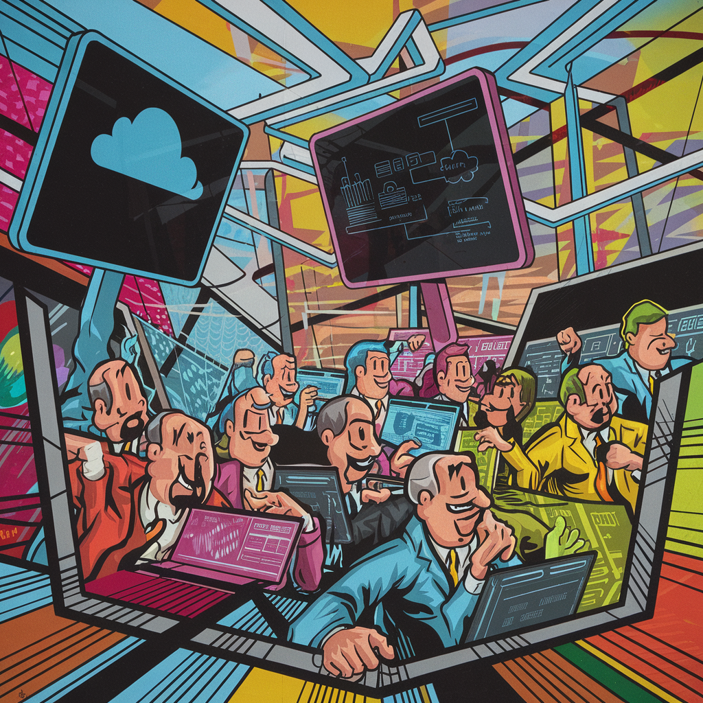 Illustration von verschiedenen Personen in einem digitalen Arbeitsumfeld mit Bildschirmen und Cloud-Symbolen.