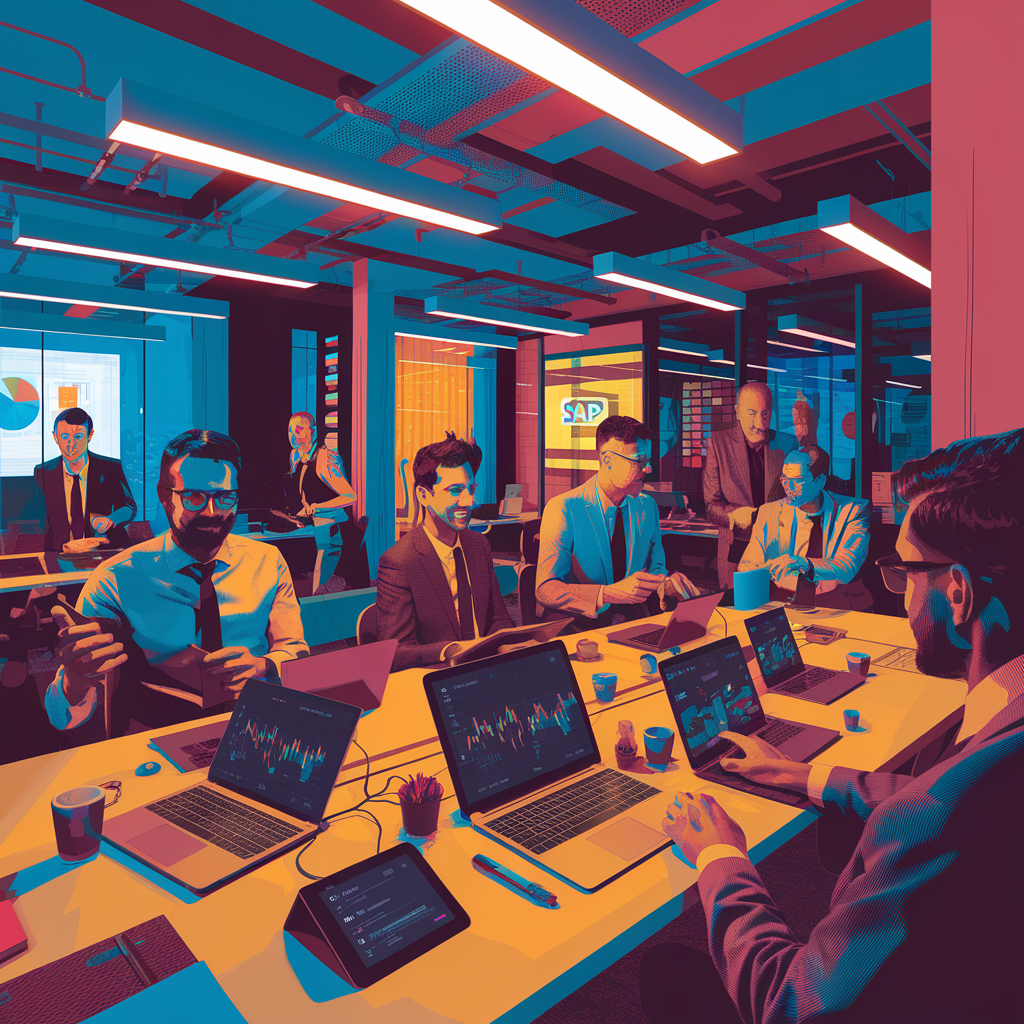Geschäftsleute in einem modernen Büro mit Laptops und Bildschirmen