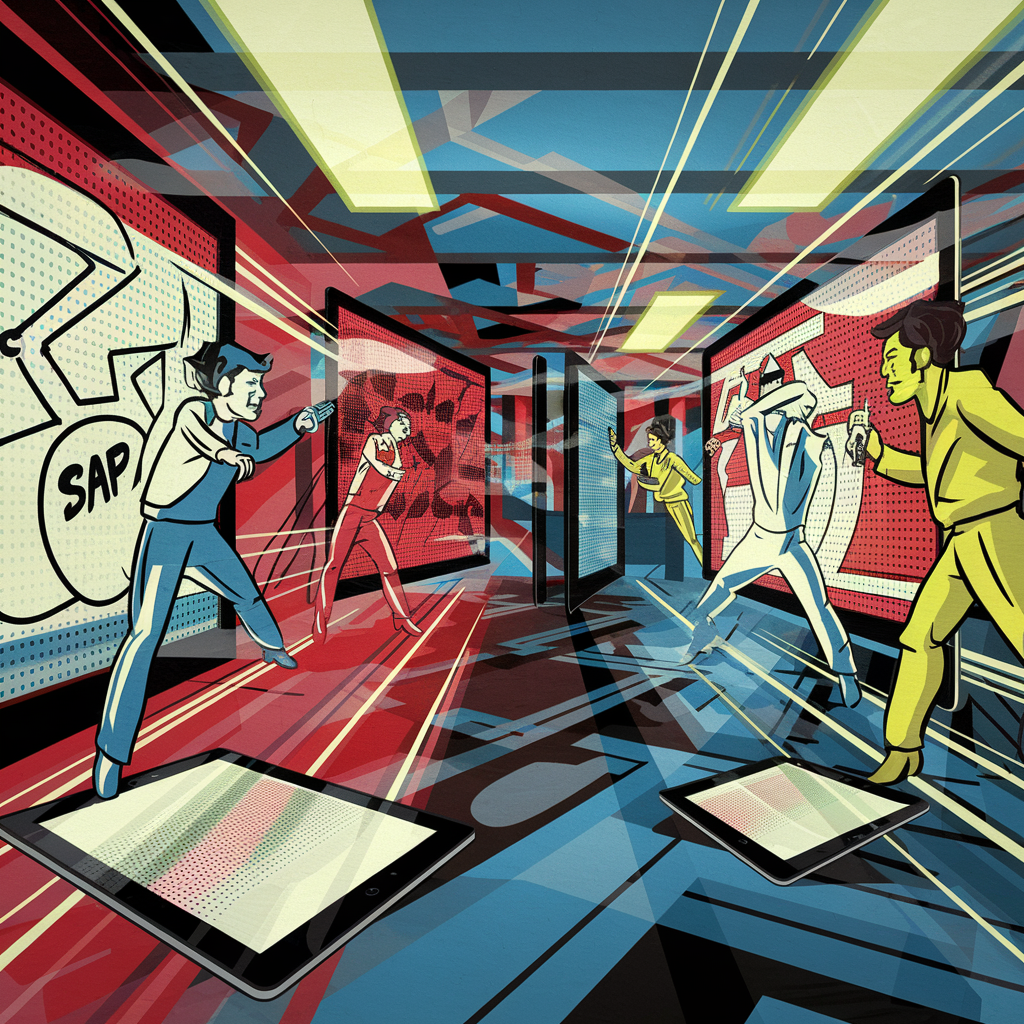 Dynamische Illustration von Personen in einer modernen digitalen Umgebung mit Tablets und Bildschirmen.