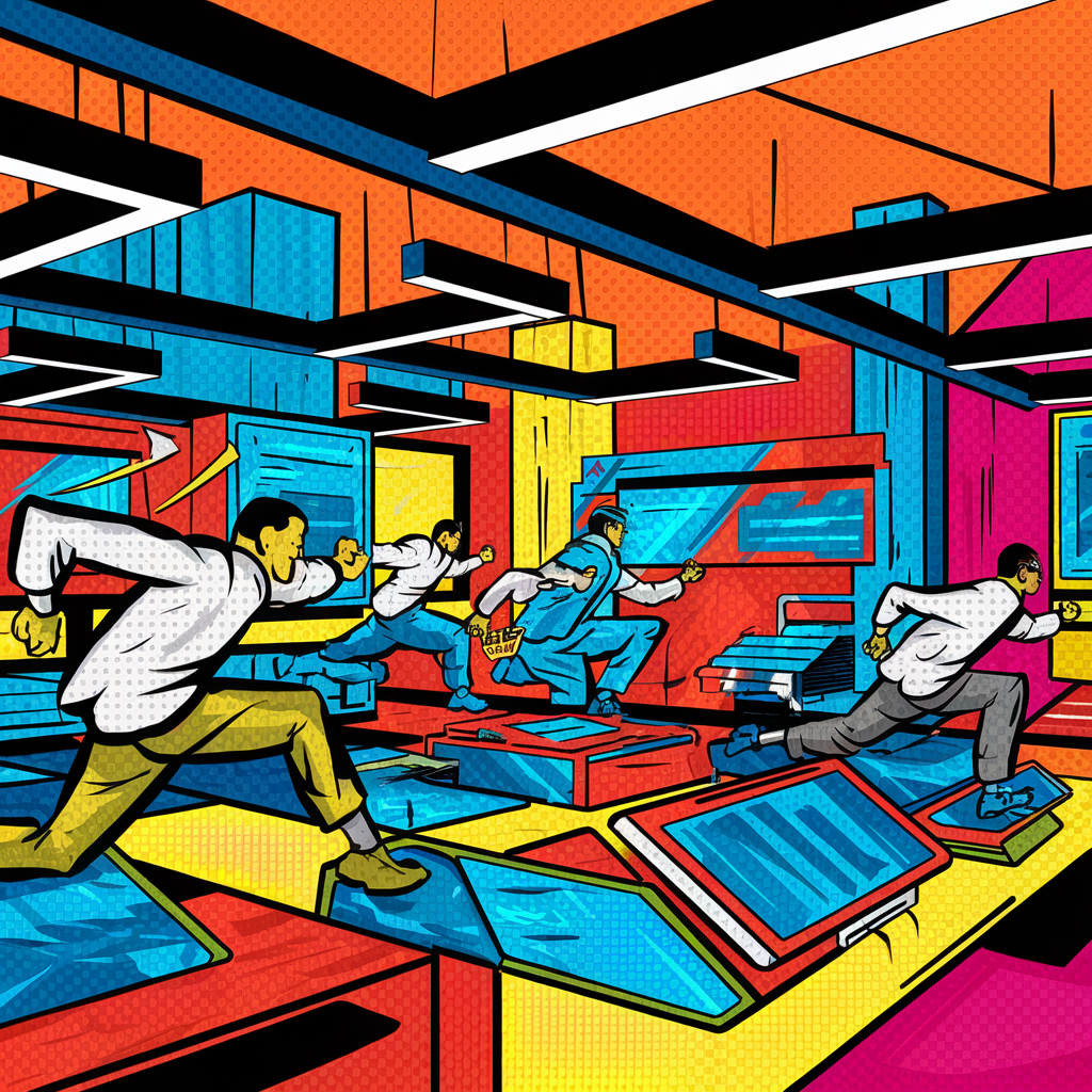 Illustration von vier Personen, die in einem bunten Raum im Comic-Stil rennen