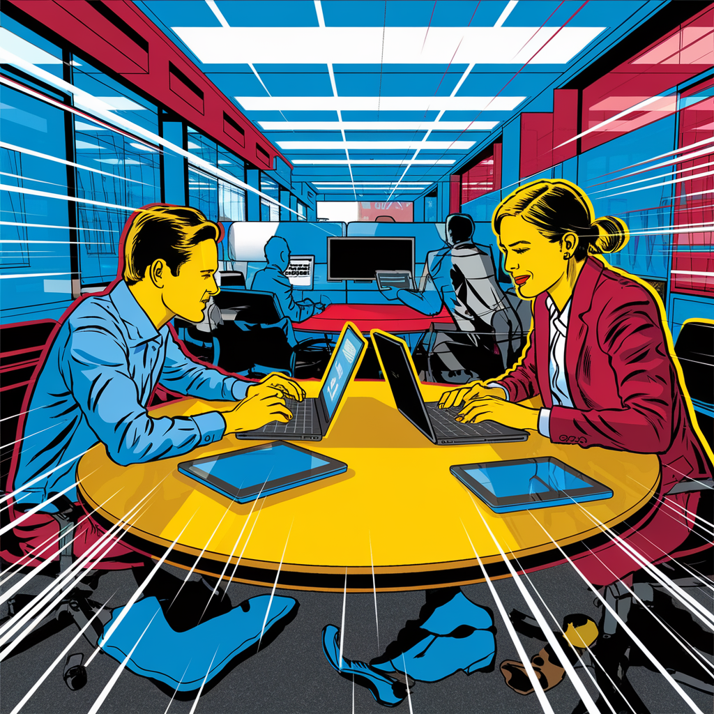 Illustration von Geschäftspersonen in einem modernen Büro mit Laptops.