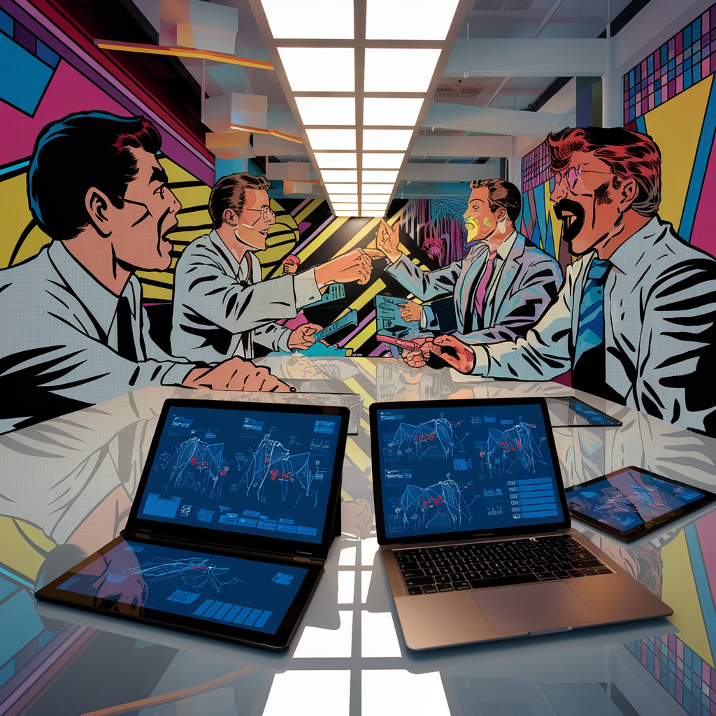 Illustration von Geschäftsleuten in einem Besprechungsraum mit Laptops und Pop-Art-Wand.