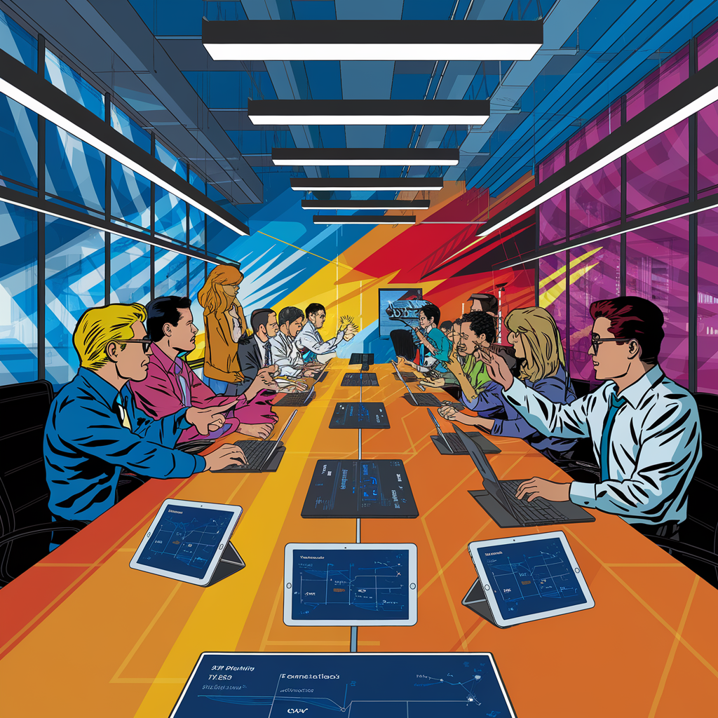 Illustration eines modernen Konferenzraums mit Menschen, die an einem langen Tisch sitzen und Tablets verwenden.