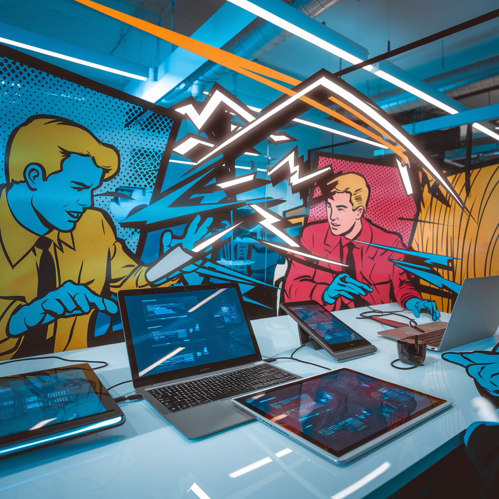 Büroszene mit Comic-Wandkunst und digitalen Geräten