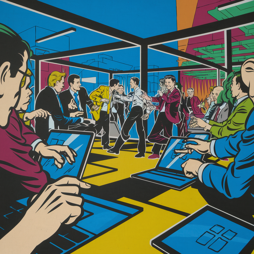 Illustration von Menschen in einem modernen Büro mit Laptops und einer Gruppe, die diskutiert.