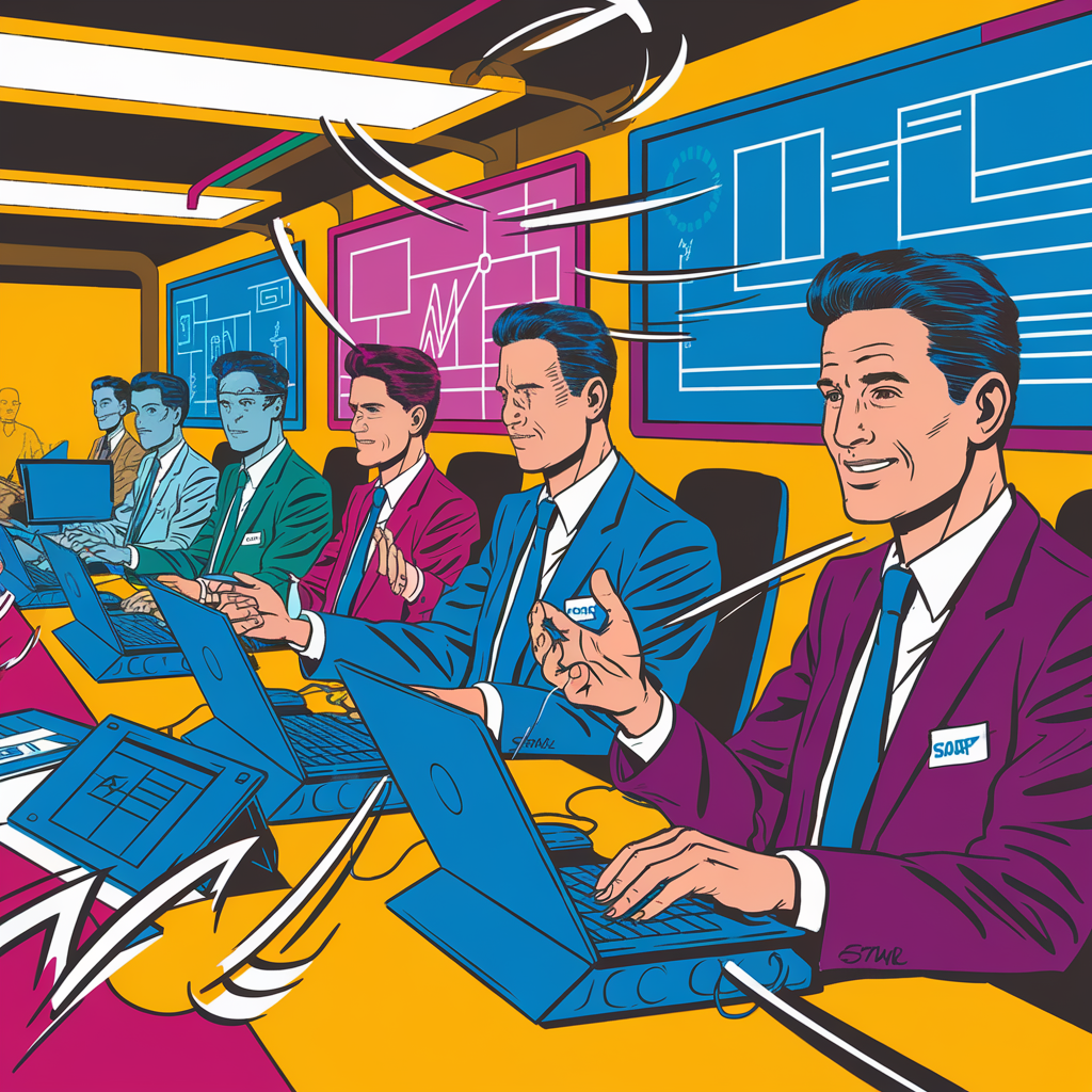 Illustration von Geschäftsleuten, die an Laptops in einem modernen Büro arbeiten