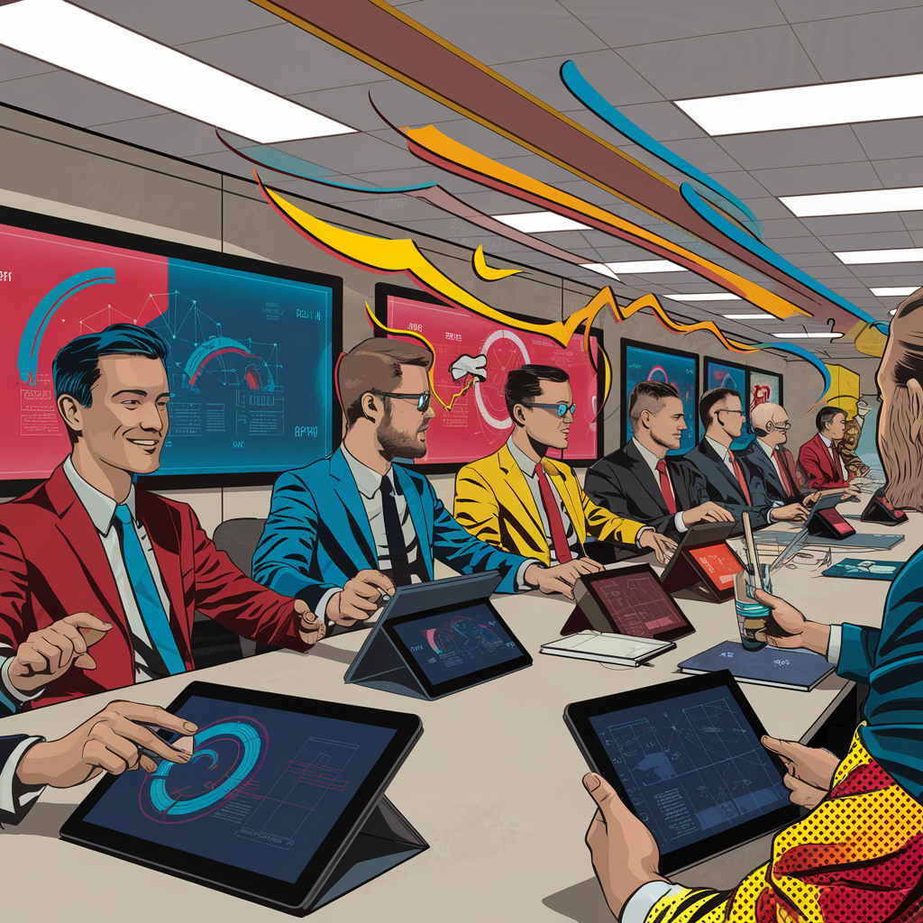 Personen in Business-Kleidung bei einem digitalen Meeting mit Tablets und Bildschirmen