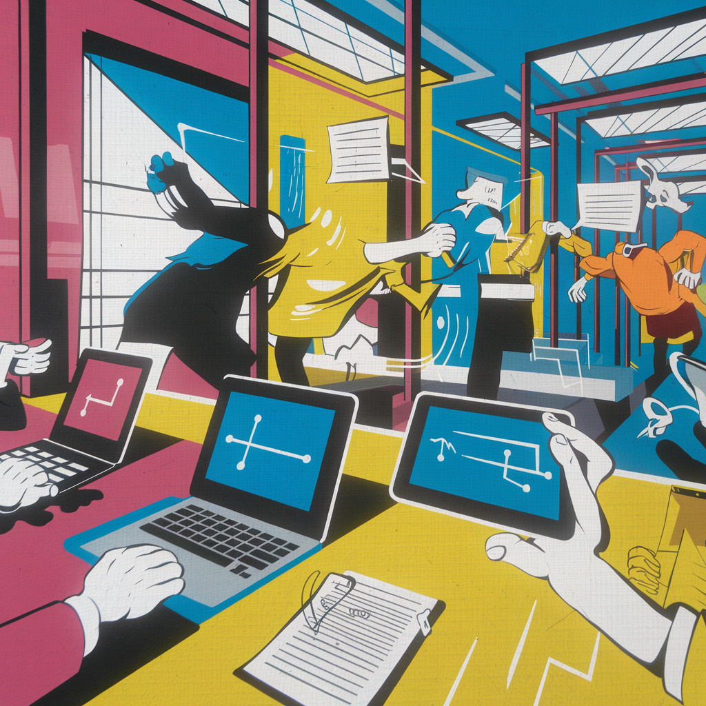 Futuristische Darstellung eines geschäftigen Büros mit Laptops, Tablets und dynamischer Bewegung von Menschen