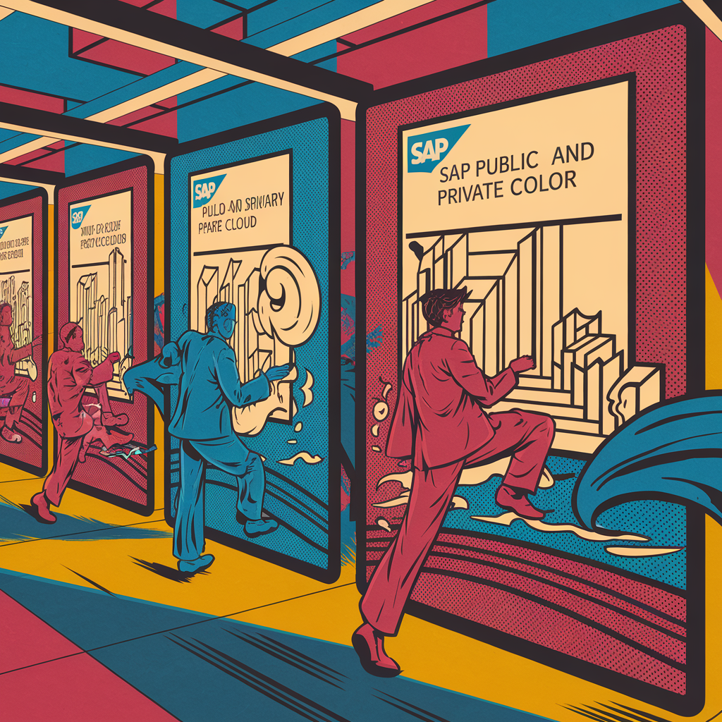 Illustration von Menschen, die durch riesige Plakate mit SAP-Logos spazieren.