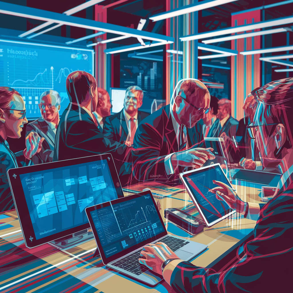 Menschen in einem modernen Büro mit Laptops und Tablets