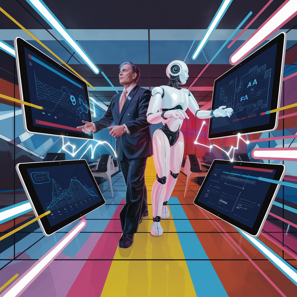 Geschäftsmann und Roboter interagieren in futuristischer Umgebung mit digitalen Bildschirmen