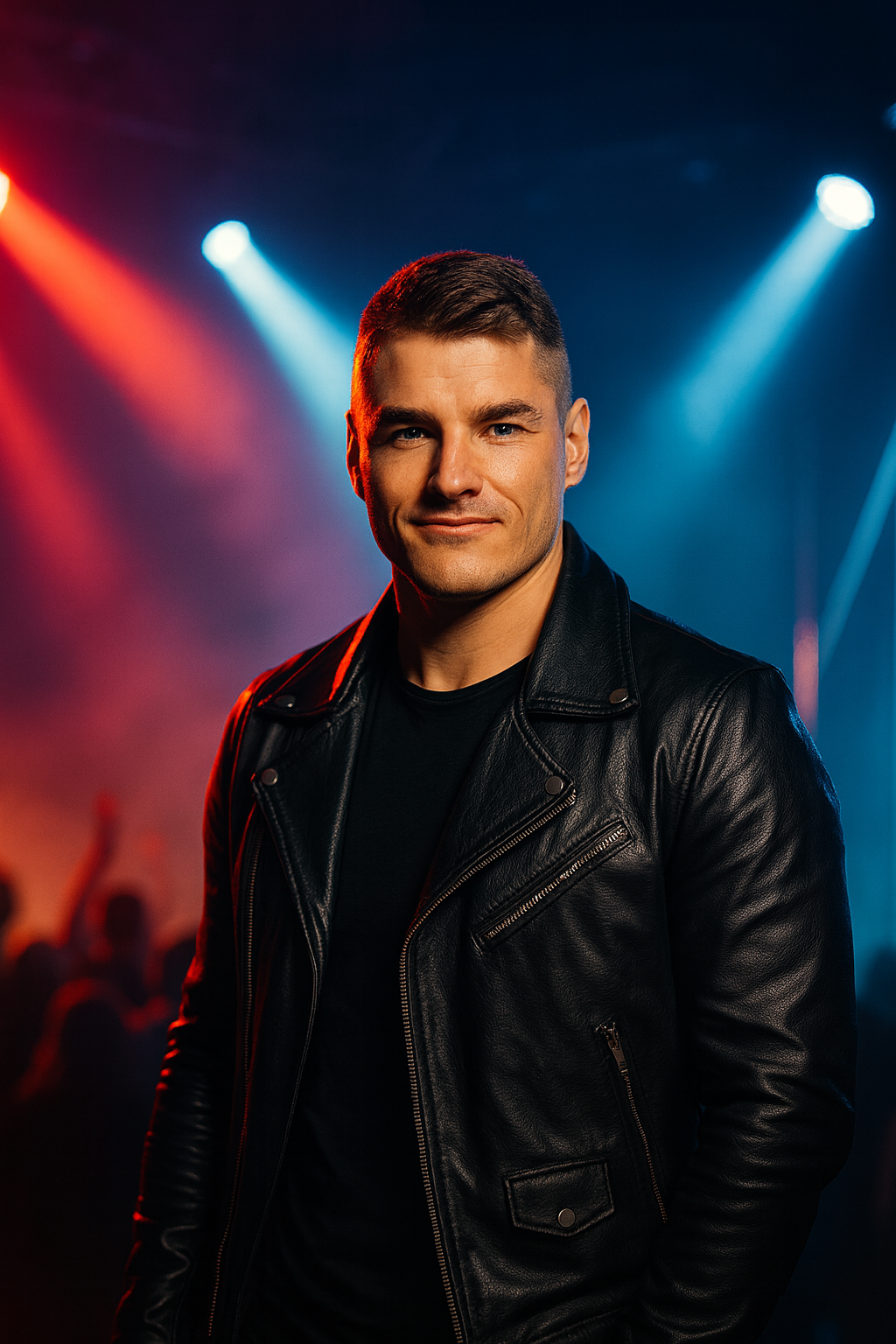 Junger Mann in Lederjacke mit entschlossenem Blick, im Hintergrund bunte Lichter einer Partyszene