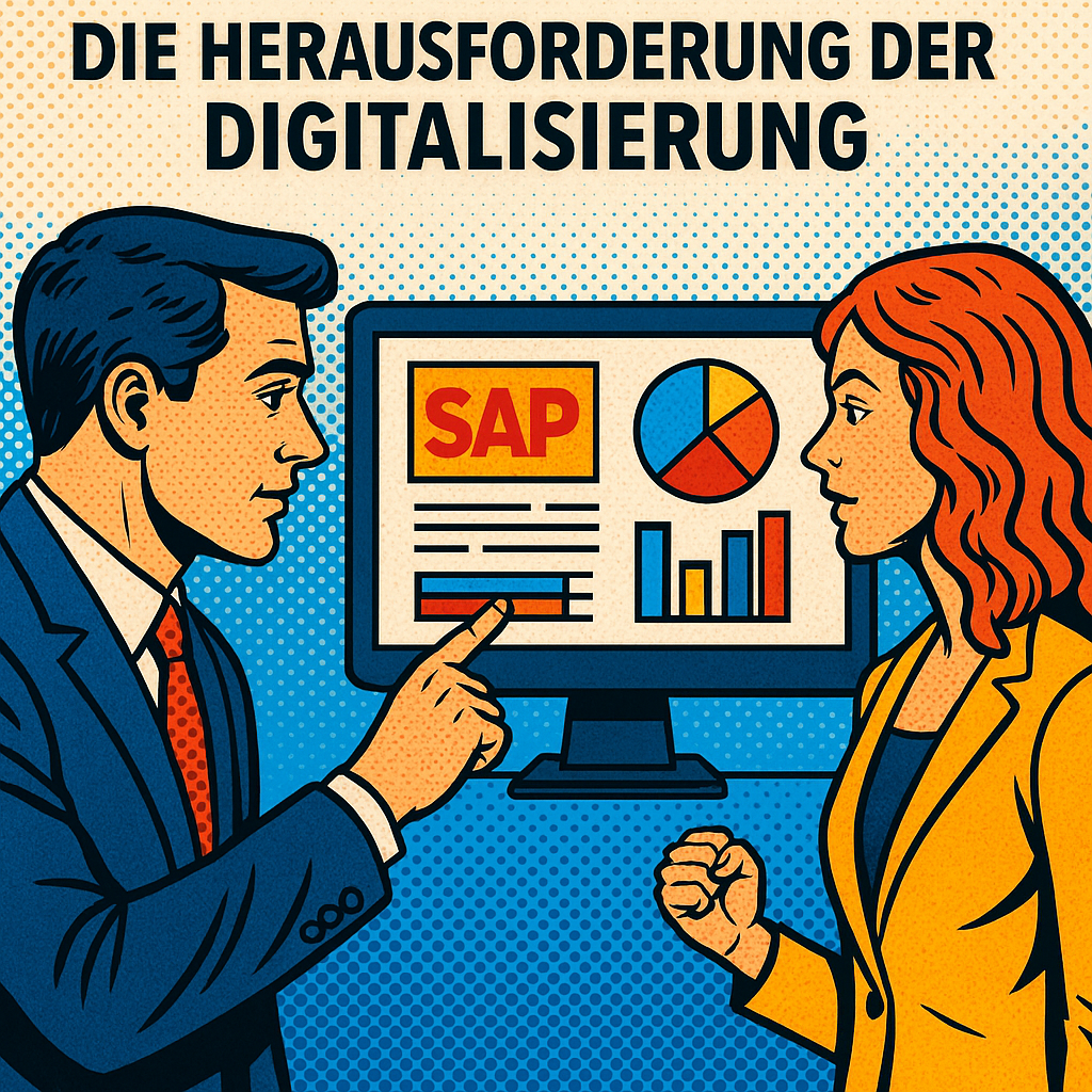 Retro-Illustration eines Geschäftsmanns und einer Geschäftsfrau, die eine Diskussion über Digitalisierung führen, mit einem Bildschirm im Hintergrund, der das SAP-Logo und statistische Diagramme zeigt