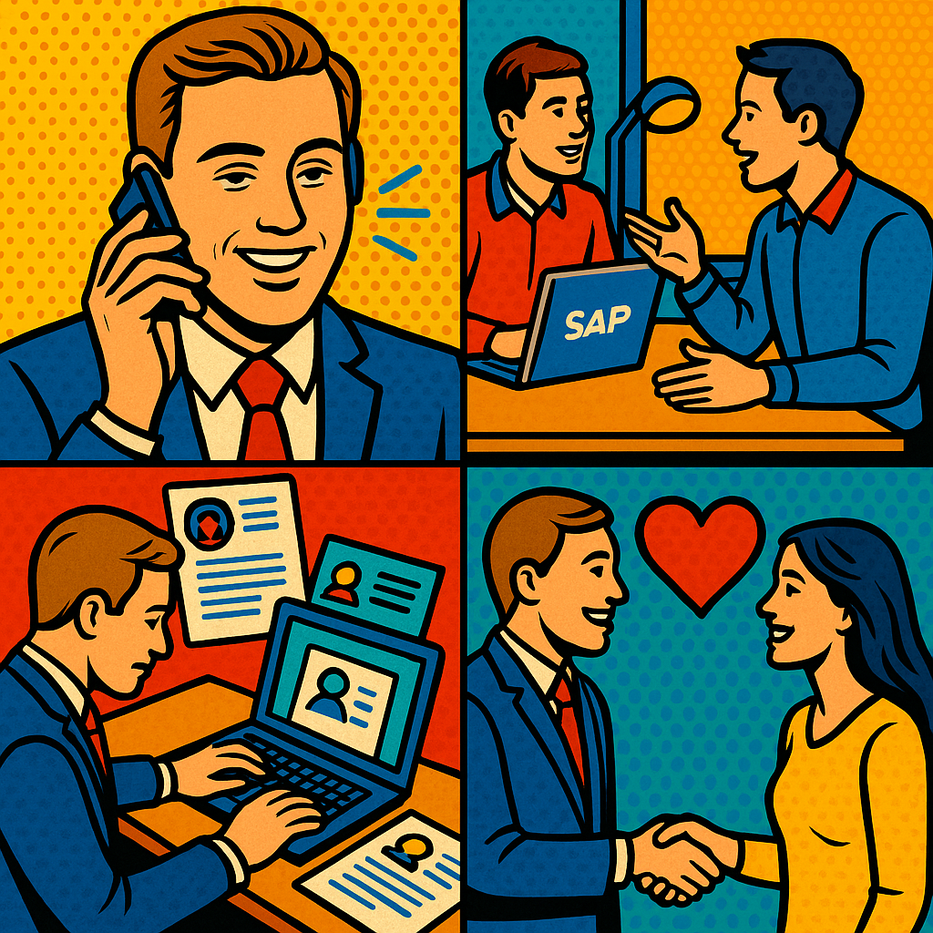 Comichaftes Businessbild mit Mann am Telefon, zwei Personen mit SAP-Logo am Laptop, Mann arbeitet am Computer, Mann und Frau schütteln sich die Hand mit Herzsymbol