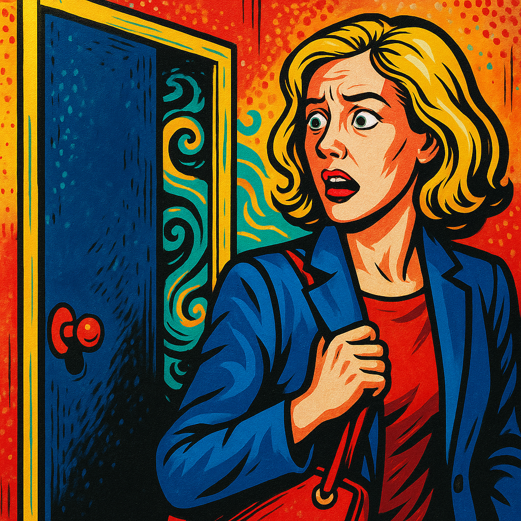 Illustration einer Frau mit beunruhigtem Gesichtsausdruck, die an einer mysteriösen offenen Tür steht, aus der blauer Rauch strömt