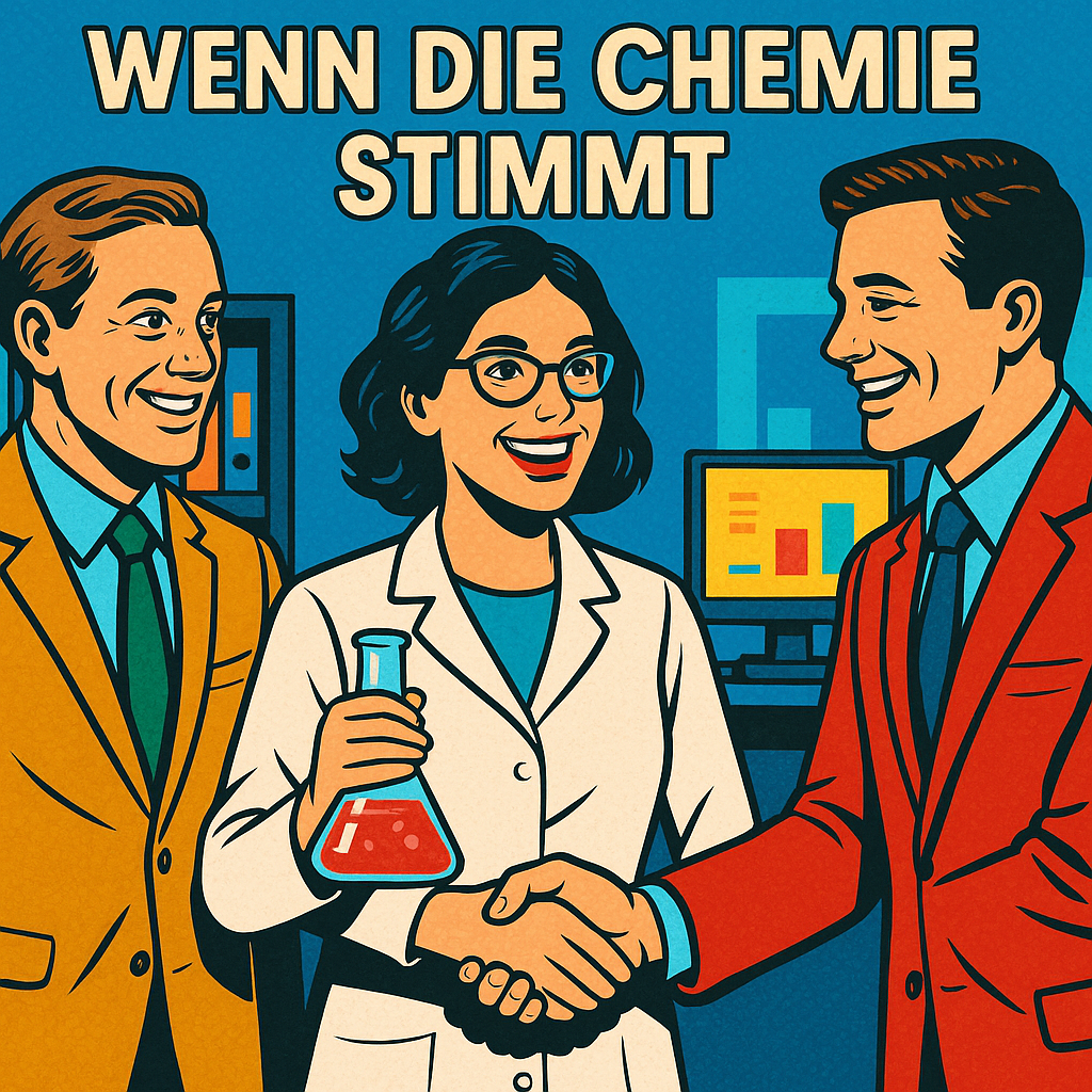 Drei Wissenschaftler in einem Labor mit einem Erlenmeyerkolben und Computermonitoren im Hintergrund, die Titel 'Wenn die Chemie stimmt'