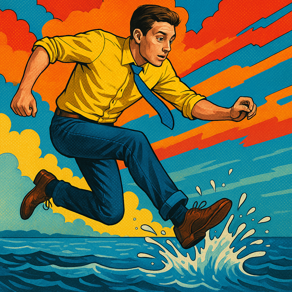 Illustration eines Mannes in gelbem Hemd und blauer Krawatte, der über Wasser springt, mit dynamischen bunten Wolken im Hintergrund