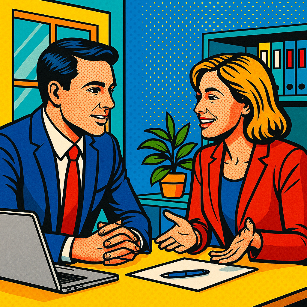 Illustration im Pop-Art-Stil von einem Geschäftsmann und einer Geschäftsfrau im Büro bei einem Meeting