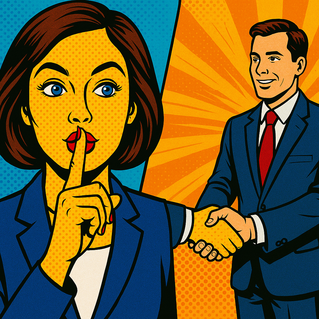 Comic-Stil Illustration einer Frau im blauen Anzug, die den Finger auf ihre Lippen legt, während sie die Hand eines lächelnden Mannes schüttelt