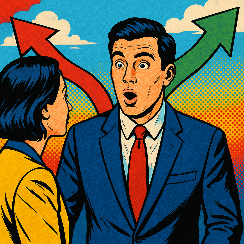 Comic-Stil Illustration eines überraschten Managers im Anzug mit roten und grünen Pfeilen im Hintergrund, die Auf- und Abwärtsbewegungen symbolisieren