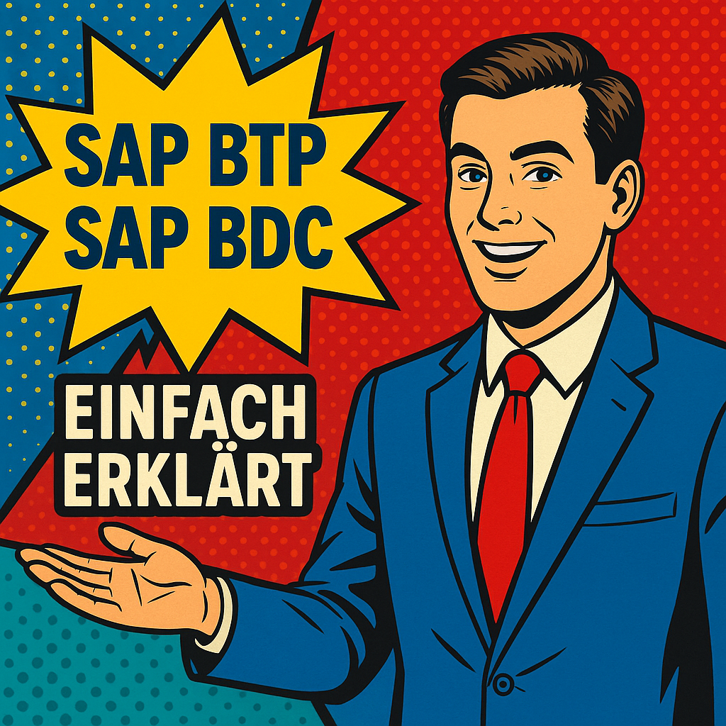 Mann im Pop-Art-Stil in einem Anzug vor einem bunten Hintergrund mit den Aufschriften 'SAP BTP', 'SAP BDC' und 'Einfach Erklärt'