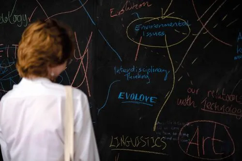 Educator facing the board while illustrating a concept.