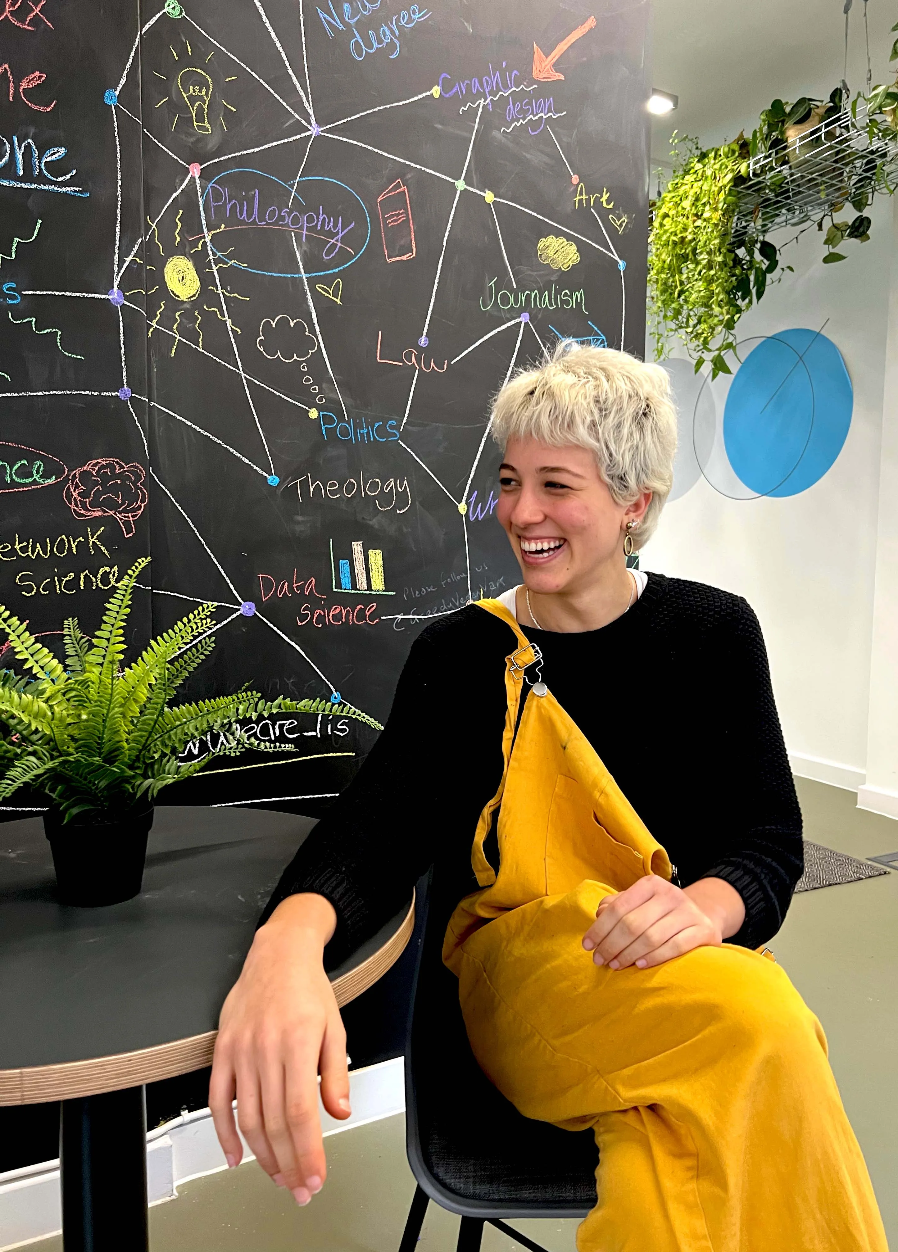 Woman in a yellow jumpsuit smiling