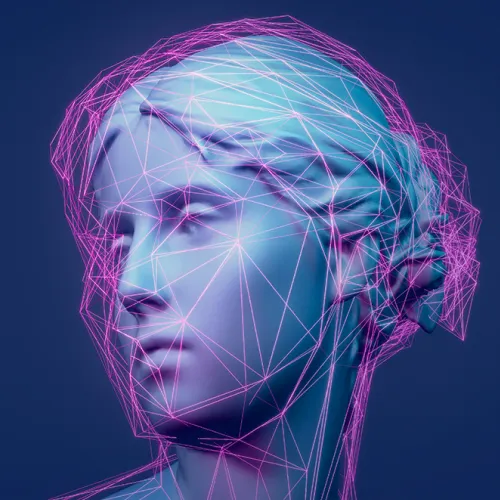 4D design of a statue representing AI technology.