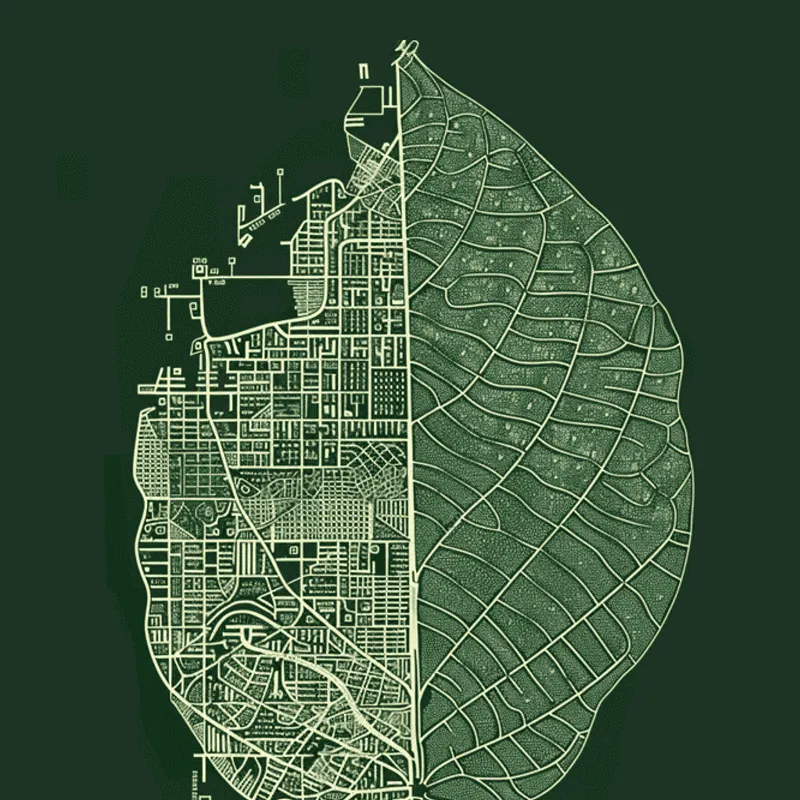 Visual metaphor of a leaf and a city map combined, illustrating systems thinking taught in LIS’s professional courses