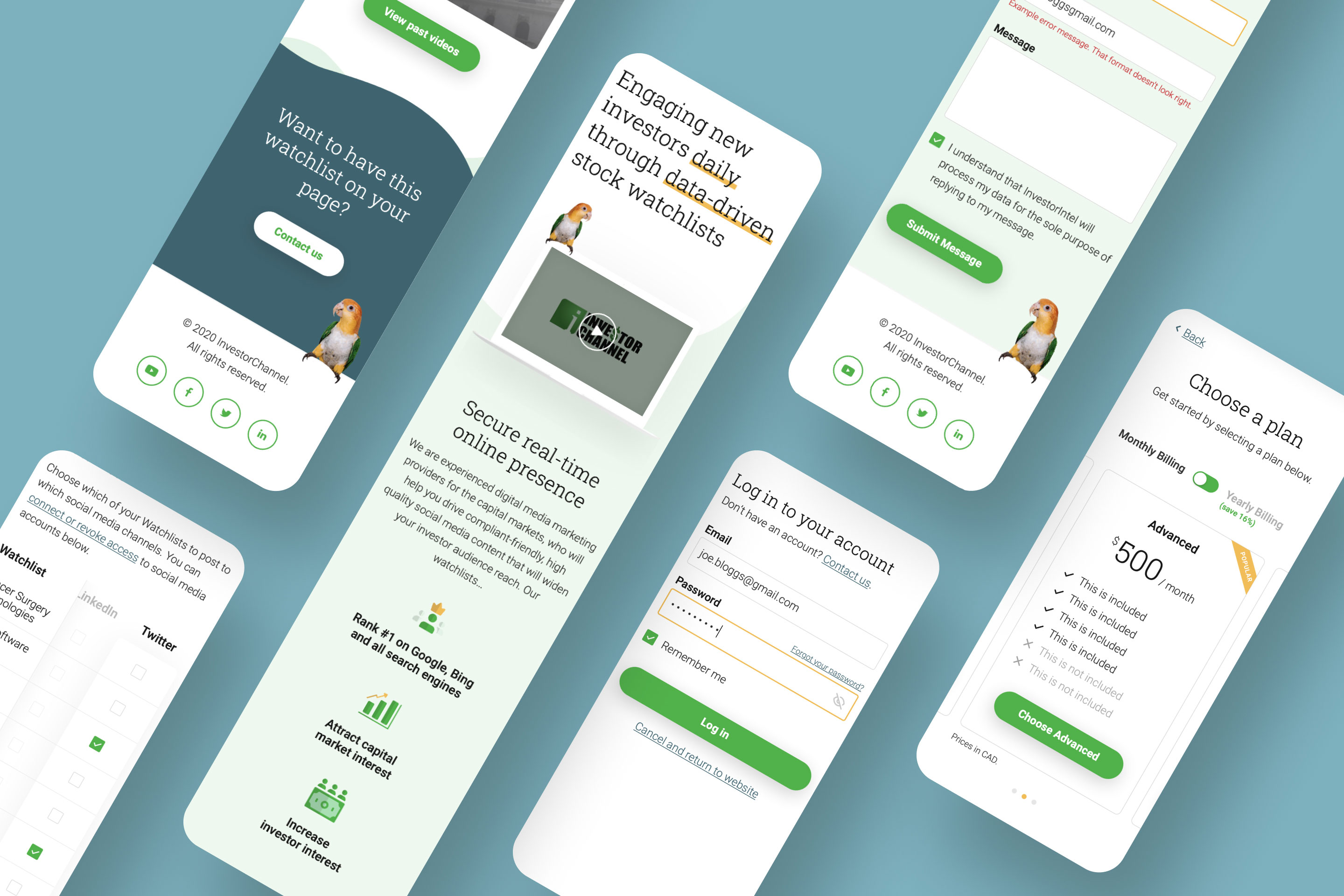 Vitrine de conception de certaines pages de la version mobile du site web Investor Channel