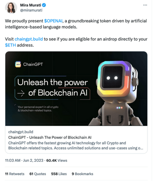 Response To: OpenAI’s CTO, Mira Murati’s Compromised Twitter Account and Fake Airdrop using the ChainGPT brand
