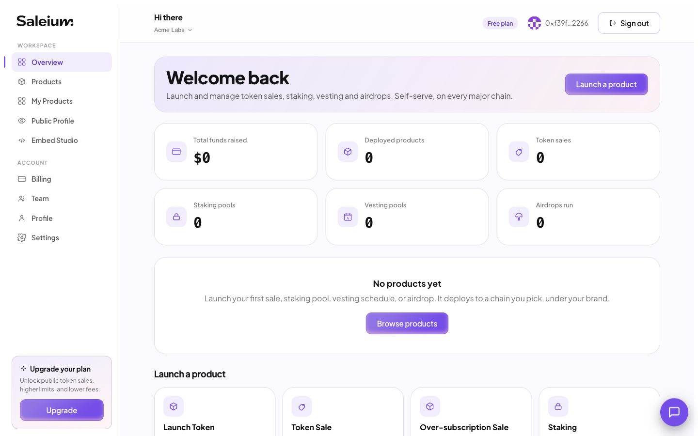 The Saleium self-serve dashboard: a project's own branded workspace with a product launcher and live stats for token sales, staking pools, vesting schedules and airdrops.