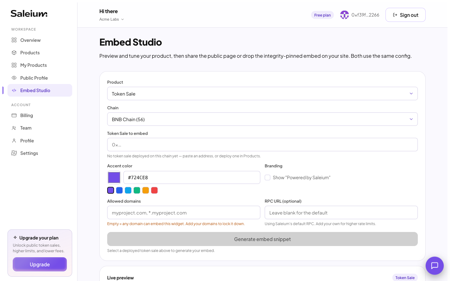 Saleium Embed Studio: pick a product and chain, set the accent color and allowed domains, and generate an integrity-pinned widget snippet to drop on your own website.