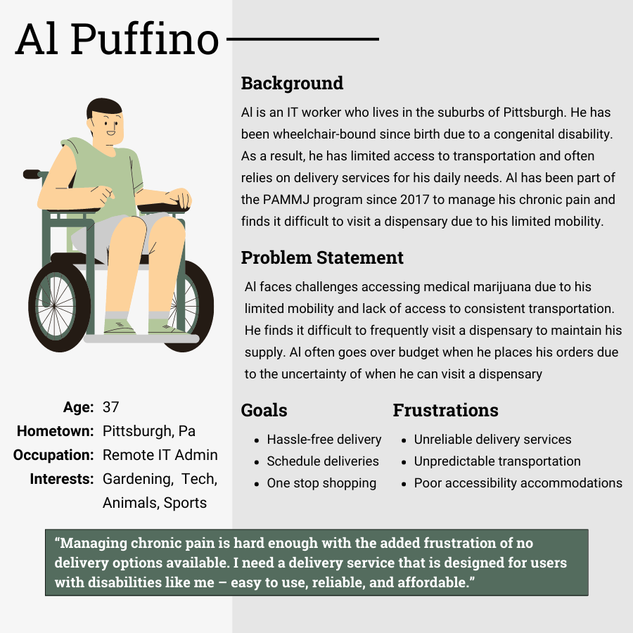 First persona for Zeniva, his name is Al Puffinio and relies on delivery services for his medicine