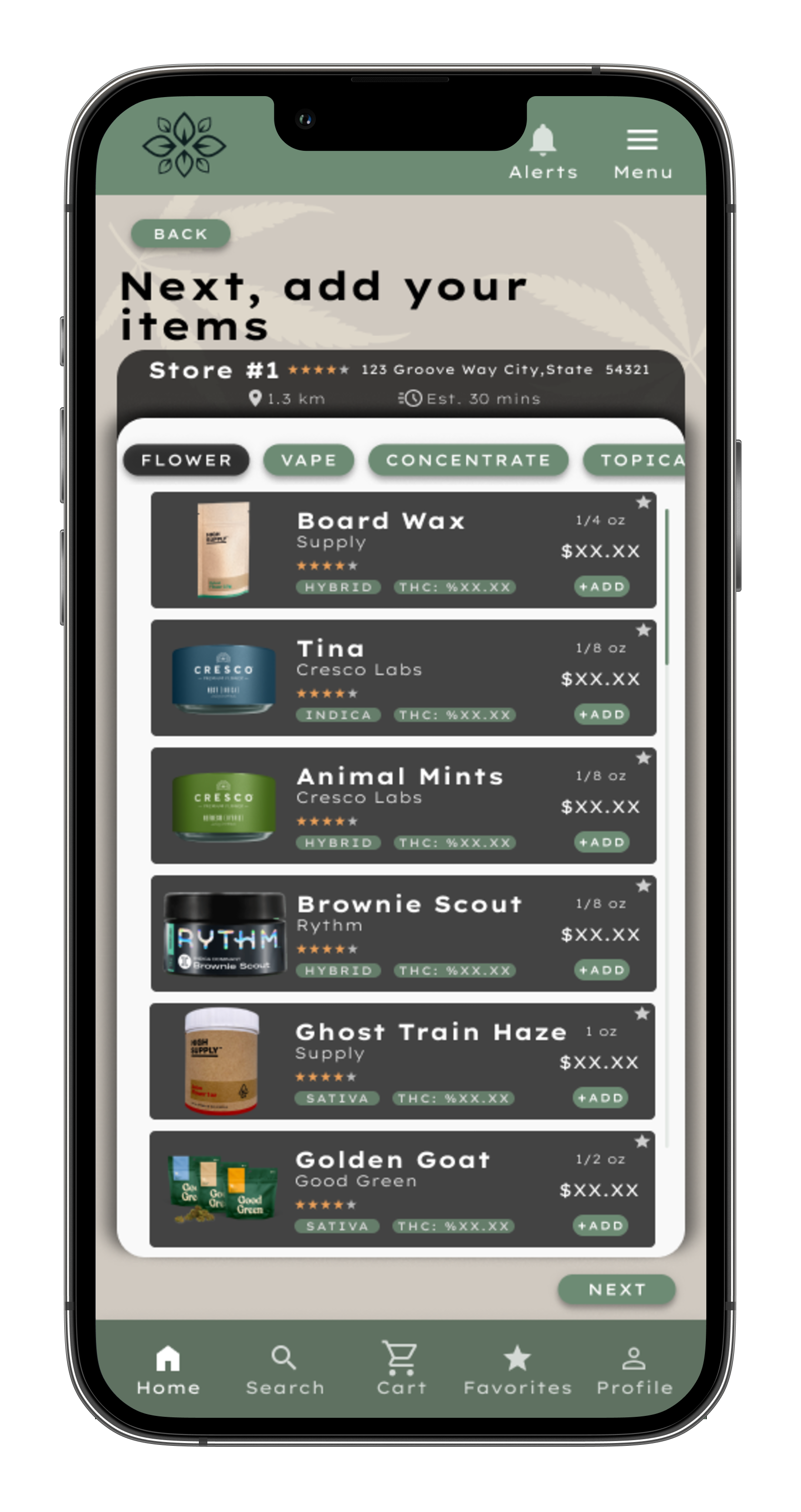 Zeniva mobile phone product menu selection screen