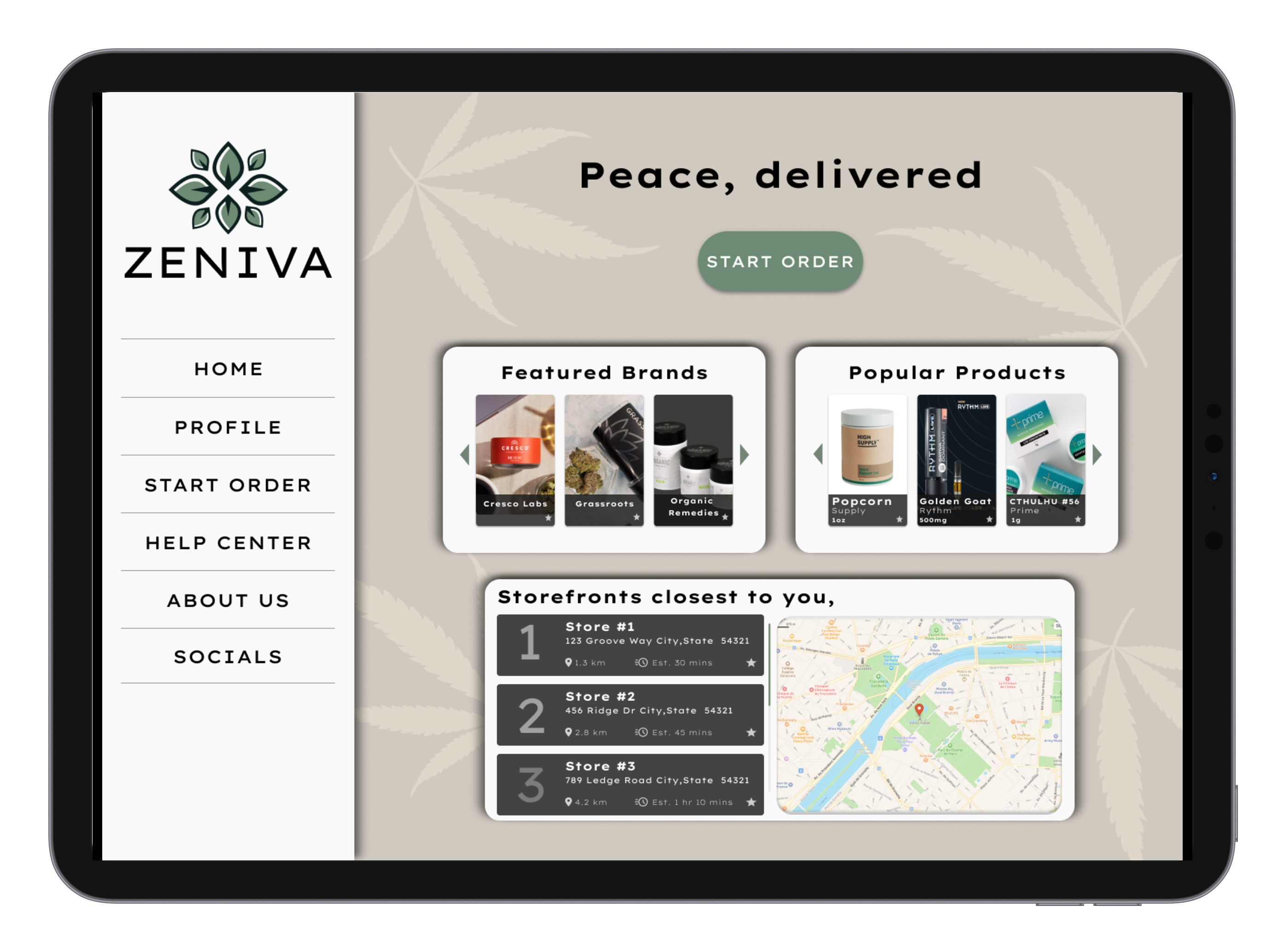 Tablet version home screen of Zeniva, the medical marijuana delivery app